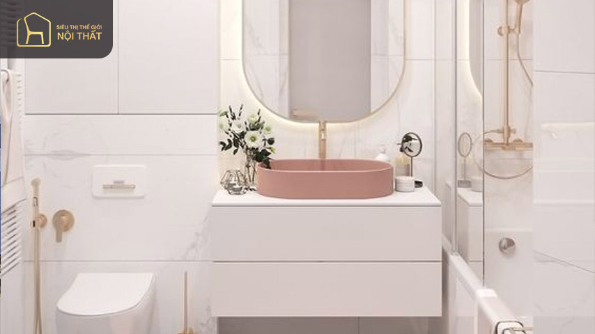 Tone màu trắng và hồng nhạt trong thiết kế phòng tắm nhỏ 1m2 rất phù hợp với những bạn ưa thích sự dịu dàng, trẻ trung