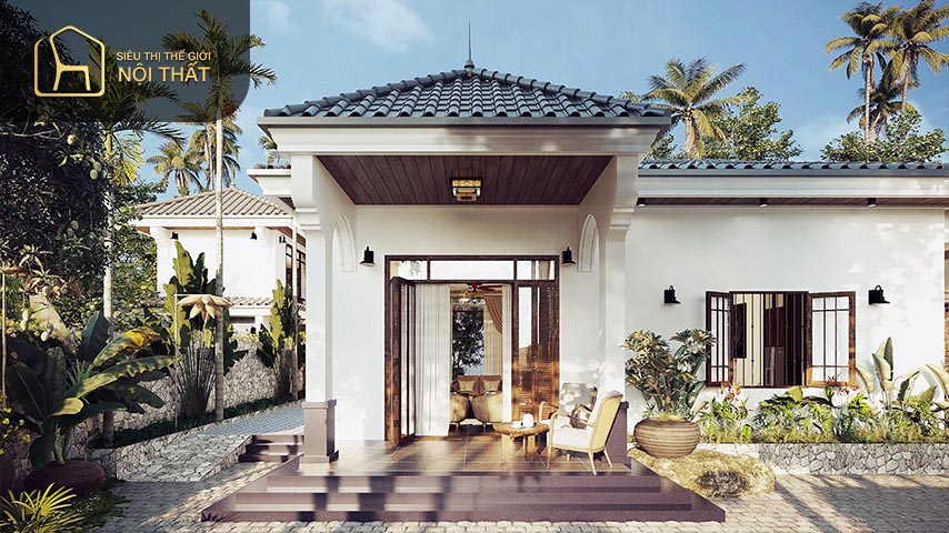 Mái nhà độc đáo càng làm nổi bật lên vẻ đẹp của sân vườn