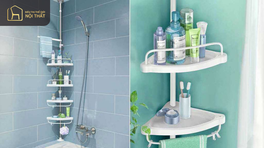 Các kệ nhỏ bằng nhựa kết hợp với tường màu xanh dương tạo sự hòa hợp cho không gian thiết kế phòng tắm 3m2