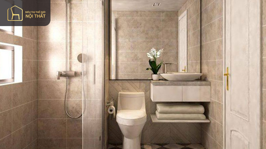 Tone màu nâu nhạt với tường ốp và kệ đá tinh tế