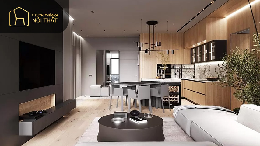 Sử dụng vách ngăn gỗ để thiết kế phòng khách liên thông nhà bếp 20m2 giúp tiết kiệm khá nhiều chi phí Sử dụng vách ngăn gỗ để thiết kế phòng khách liên thông nhà bếp 20m2 giúp tiết kiệm khá nhiều chi phí