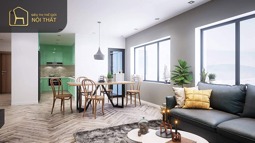 Thiết kế phòng khách và bếp thông nhau phong cách hiện đại chủ yếu sử dụng nội thất đơn giản đem đến sự thoáng mát cho căn phòng Thiết kế phòng khách và bếp thông nhau phong cách hiện đại chủ yếu sử dụng nội thất đơn giản đem đến sự thoáng mát cho căn phòng