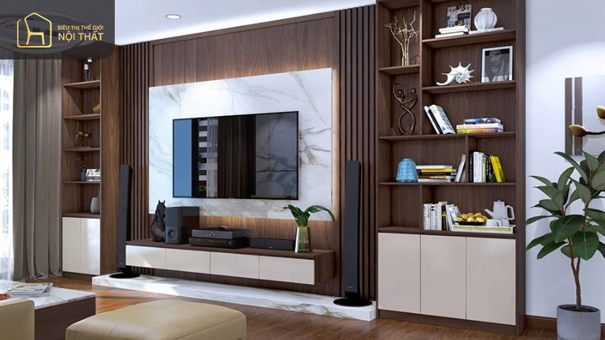 Vách tivi phòng khách hiện đại làm bằng chất liệu gỗ công nghiệp