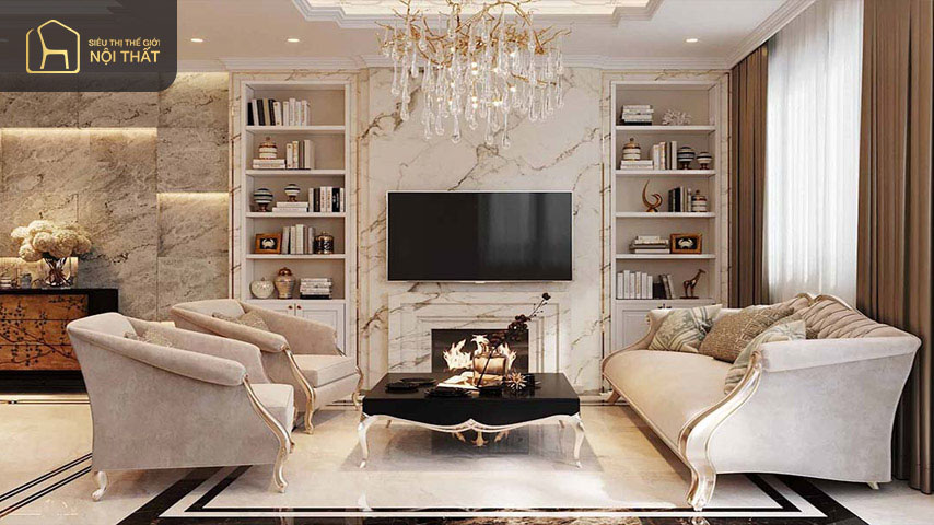 Mẫu vách tivi phòng khách đẹp được thiết kế tân cổ điển đặc trưng bởi sự xa hoa