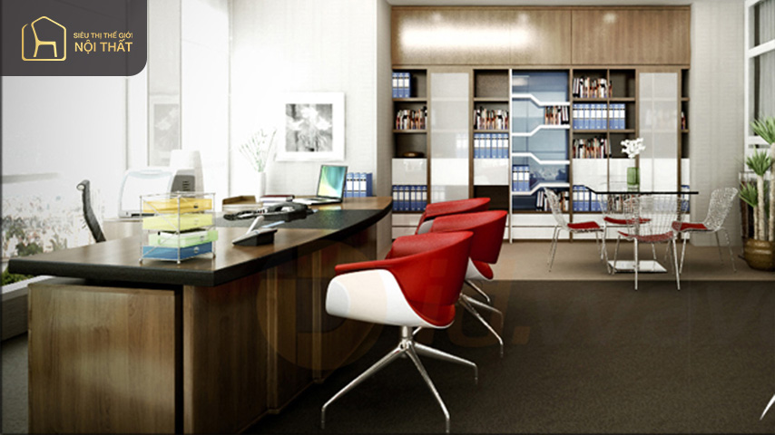 Những món đồ nội thất màu đỏ trong không gian đen trắng của thiết kế văn phòng 60m2 là điểm nhấn