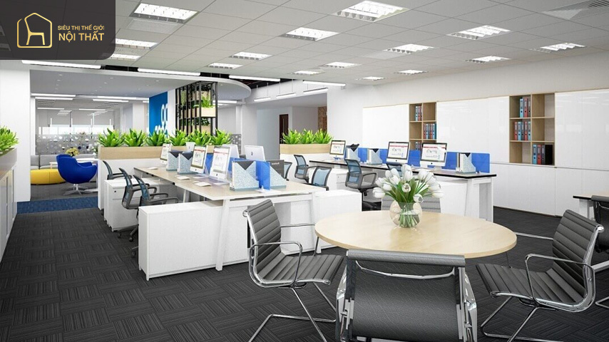 Hình 13: Gam màu trắng rất phổ biến trong thiết kế văn phòng 70m2 kiểu cân xứng
