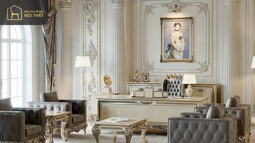 Hình 27: Gam màu trắng cho ghế sofa, tường và gạch nền ốp đá tạo nên sự sang trọng đẳng cấp cho thiết kế văn phòng 70m2 phong cách tân cổ điển