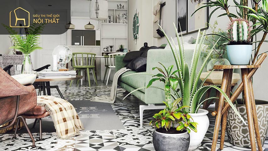 Thiết kế nội thất Vintage có thể tạo thêm điểm nhấn bằng cách thêm cây xanh để trang trí