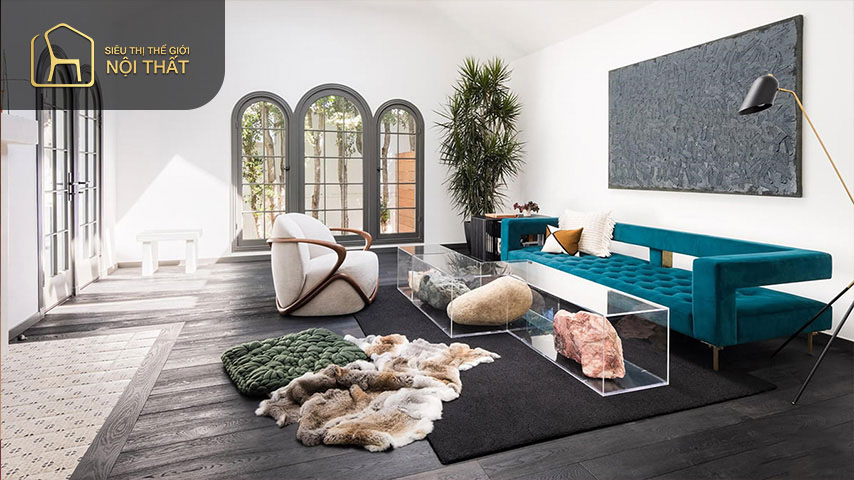 Có thể sử dụng ghế sofa màu xanh đậm để tăng thêm phần ấn tượng