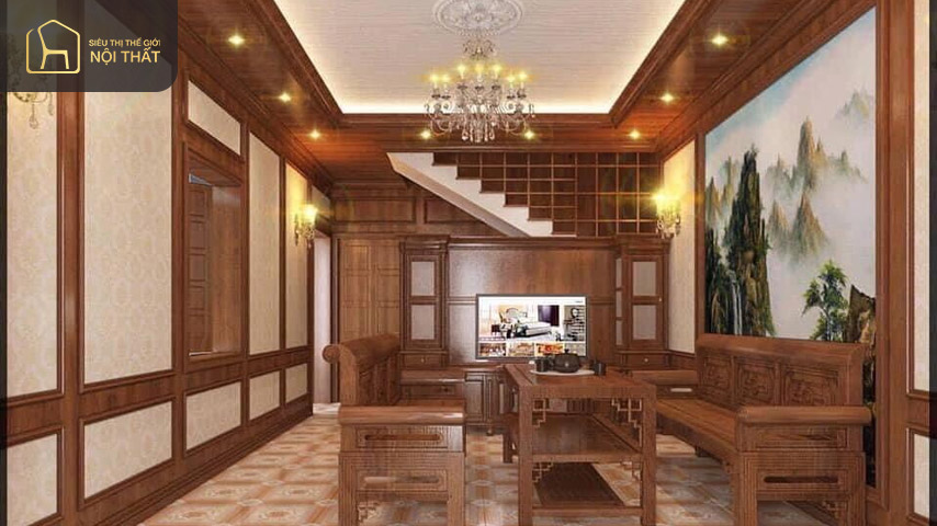 Mẫu phòng khách ốp gỗ mang vẻ đẹp truyền thống