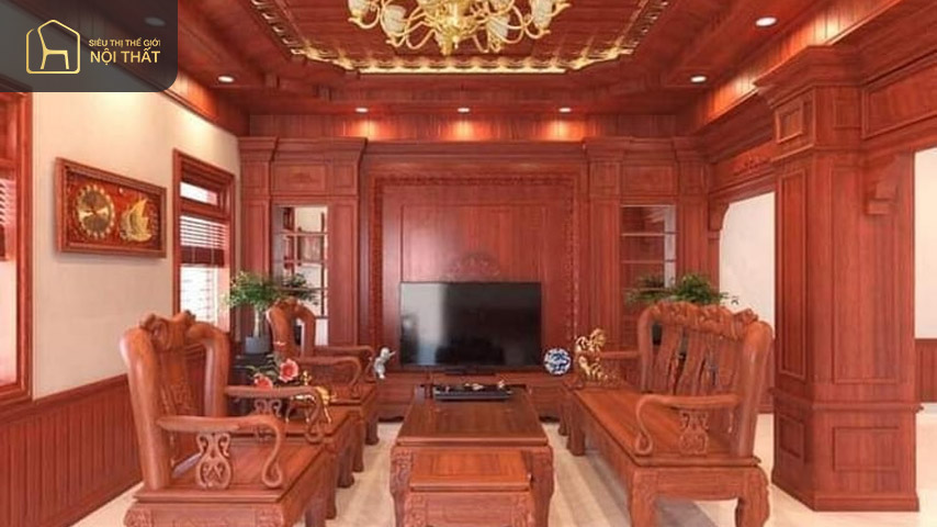 Mẫu phòng khách ốp gỗ tự nhiên