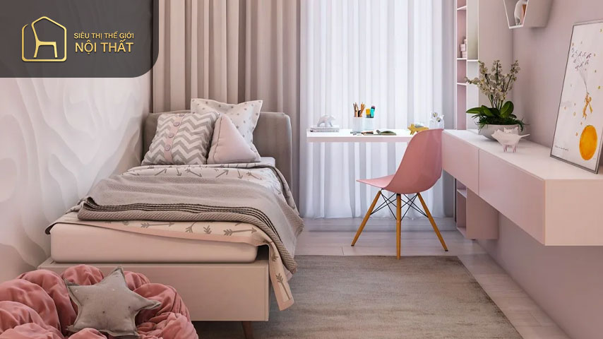 Phòng ngủ bé gái diện tích 9m2 mang phong cách hiện đại mang lại cảm giác nhẹ nhàng, nữ tính Phòng ngủ bé gái diện tích 9m2 mang phong cách hiện đại mang lại cảm giác nhẹ nhàng, nữ tính