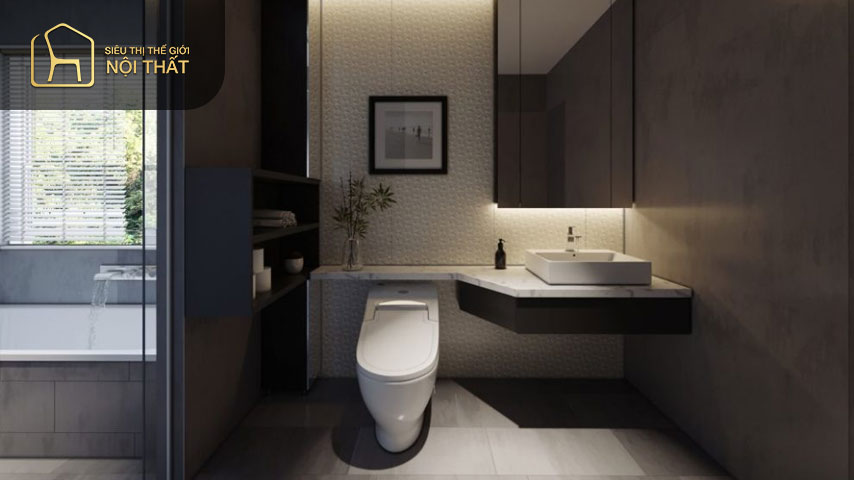 Đối với khu vực nhà vệ sinh, bạn nên ưu tiên chọn tông màu trầm hoặc sáng để tạo sự thông thoáng và sạch sẽ
