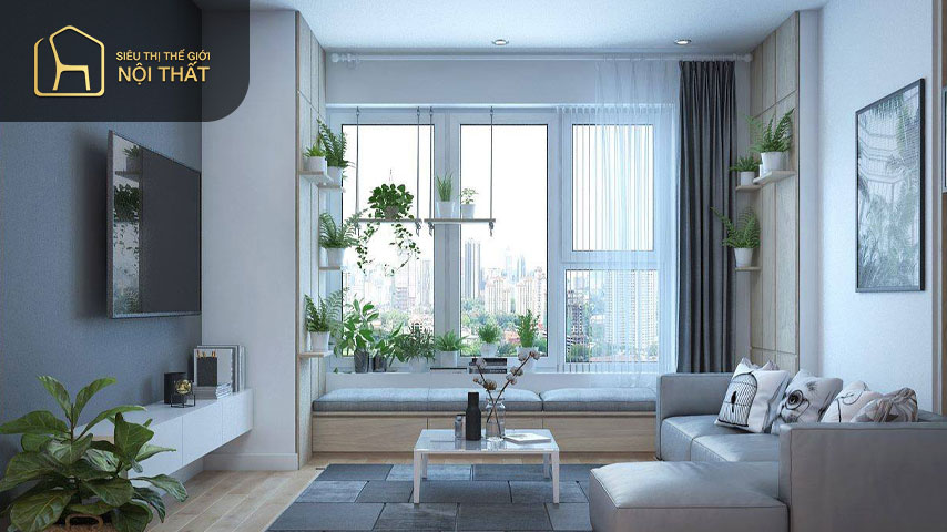 Thiết kế nội thất căn hộ nhỏ 60m2 lãng mạn sử dụng nội thất đơn giản và rèm cửa sổ giúp không gian trở nên riêng tư