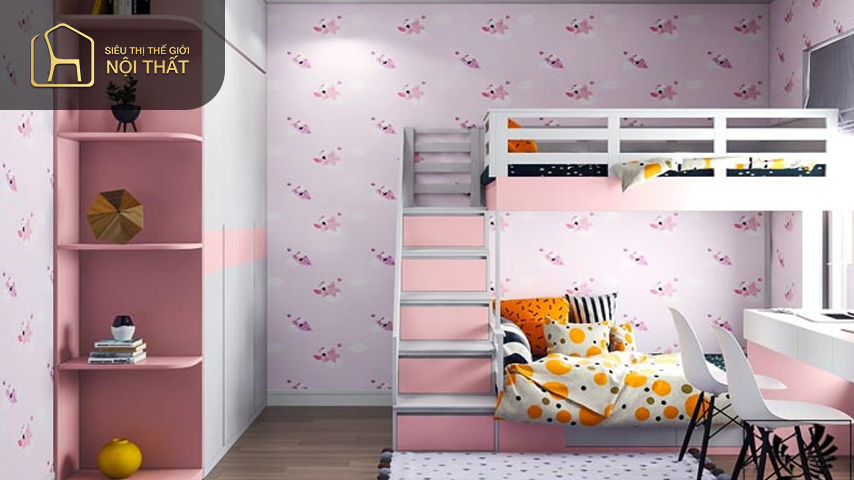 Thiết kế phòng ngủ diện tích 20m2 sử dụng giường tầng giúp tiết kiệm không gian