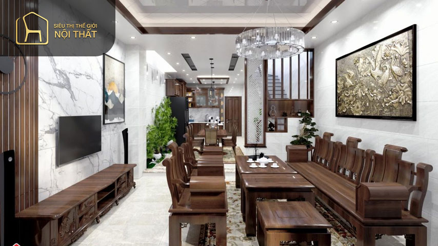 Mẫu phòng khách gỗ đẹp với bộ sofa da tuy đơn giản nhưng lại mang đến không gian cuốn hút