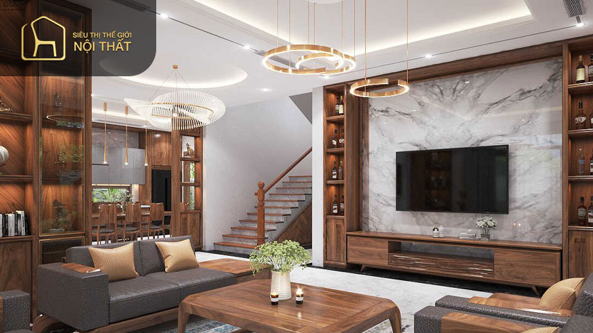 Thiết kế phòng khách ốp gỗ hài hòa mang đến một không gian trang nhã nhưng không kém phần nổi bật