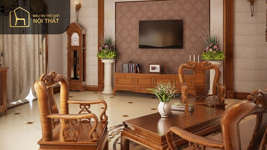 Thiết kế phòng khách bằng gỗ với sự kết hợp giữa màu đen huyền bí, màu nâu sẫm ấm áp và màu trắng tinh khô mang đến không gian sang trọng, tiện nghi và cuốn hút