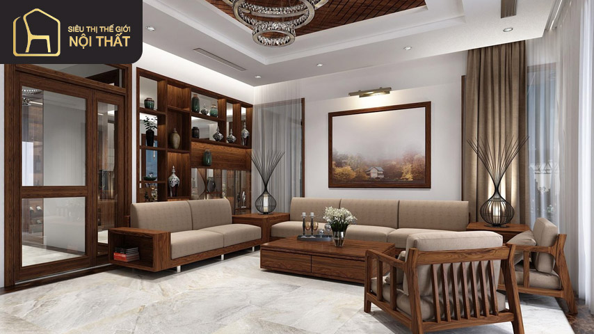 Cách bố trí bàn ghế gỗ phòng khách nhà phố tốt nhất là đặt thuận với chiều đi vào