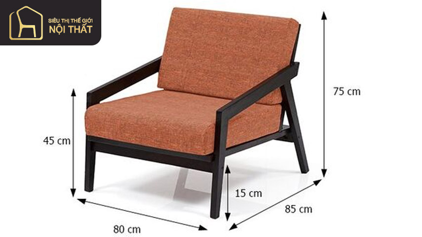 Kích thước ghế sofa gỗ đơn trung bình khoảng 850-1100 mm x 750-850mm