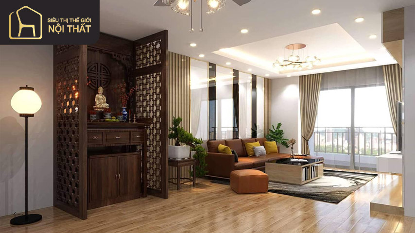 Bố trí vách ngăn giữa phòng thờ và phòng khách giúp tăng sự trang trọng