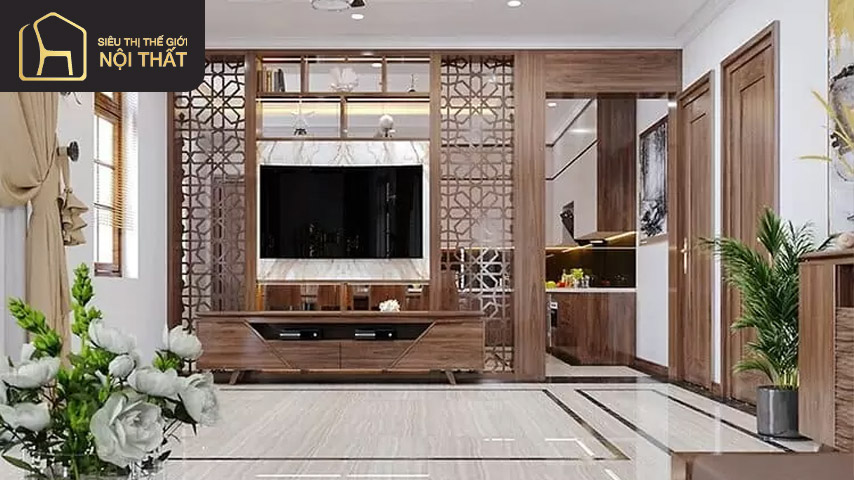 Vách ngăn phòng khách bằng gỗ sang trọng và tinh tế giúp không gian thêm phần nhẹ nhàng, đậm tính thẩm mỹ