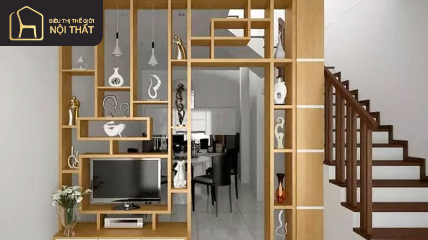 Mẫu vách ngăn phòng khách đơn giản có thể tận dụng làm kệ TV vô cùng tiện nghi 