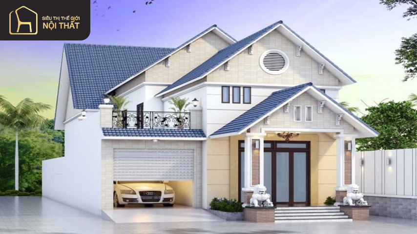 Kiểu nhà vườn mái thái có thiết kế garage ô tô rộng