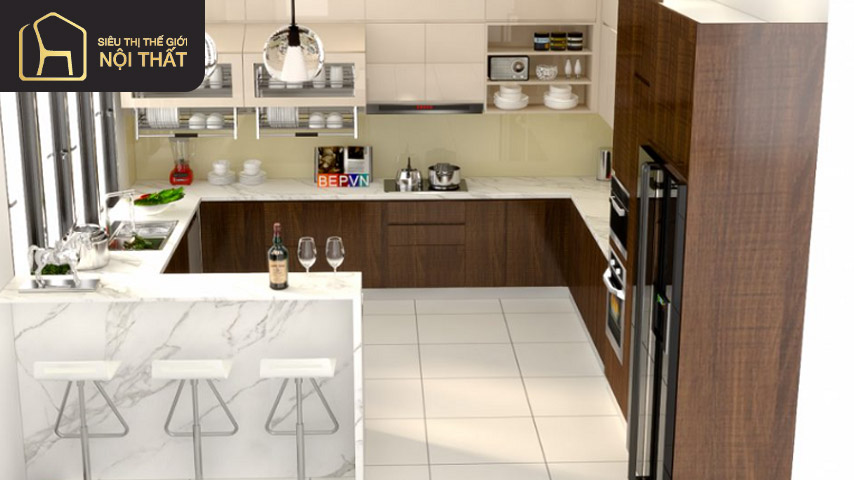 Mẫu quầy bar bằng gỗ đẹp phủ acrylic là sự lựa chọn của rất nhiều gia chủ
