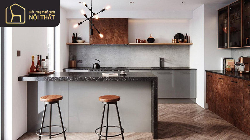 Quầy bar gỗ đẹp kết hợp chất liệu đá granite