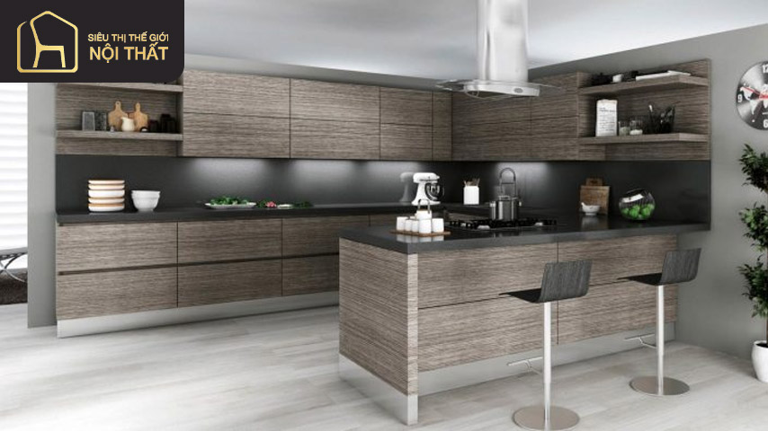 Mẫu quầy bar gỗ đẹp bằng gỗ tự nhiên được kê sát tường 