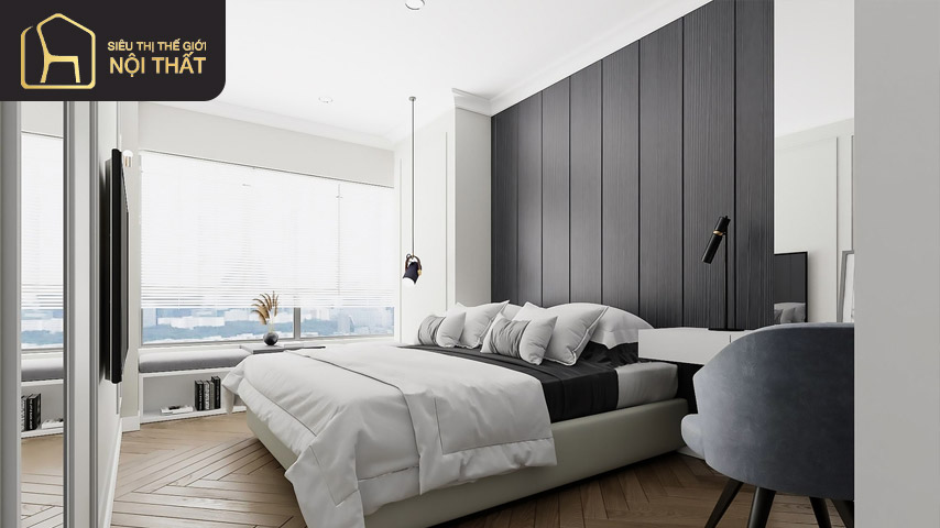 Cách trang trí đầu tường ngủ khác là sử dụng tấm cỡ lớn để trang trí đầu giường 