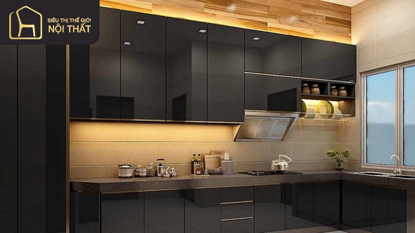 Thiết kế tủ bếp gỗ đẹp phủ Acrylic màu đen hạn chế trầy xước va đập Thiết kế tủ bếp gỗ đẹp phủ Acrylic màu đen hạn chế trầy xước va đập