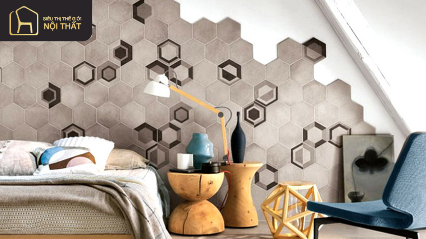 Ốp tường phòng ngủ độc đáo bằng gạch lục giác