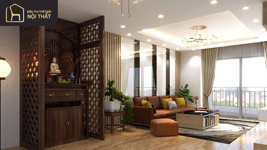 Sử dụng vách ngăn vừa hiện đại vừa tiện lợi cho phòng khách kết hợp phòng thờ