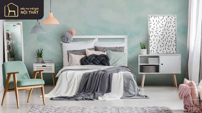 Phòng ngủ màu xanh pastel mang phong cách hiện đại với những họa tiết vô cùng đơn giản