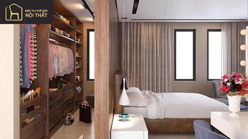 Thiết kế phòng thay đồ mini phía sau giường ngủ phân định không gian và tạo được sự riêng tư