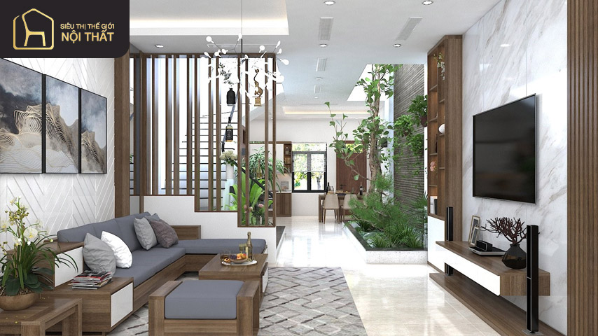 Thiết kế vách lam phòng khách vô cùng đơn giản vẫn đảm bảo tính hiện đại và tinh tế