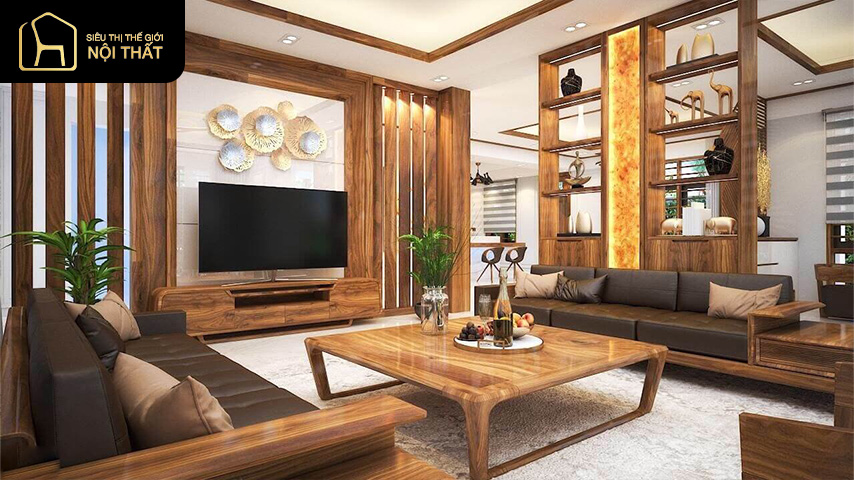 Trang trí kệ tivi kết hợp kệ gỗ mang lại sự ấm cúng