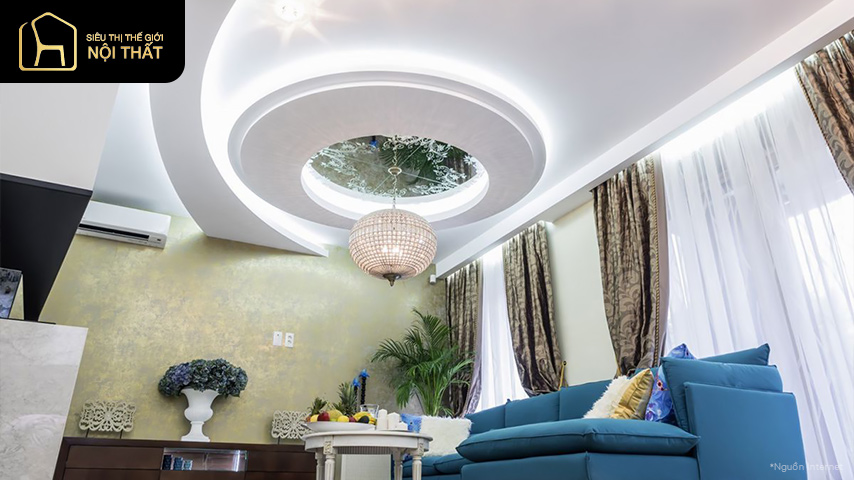 Tạo điểm nhấn cho trần nhà phòng khách bằng phào trần PU