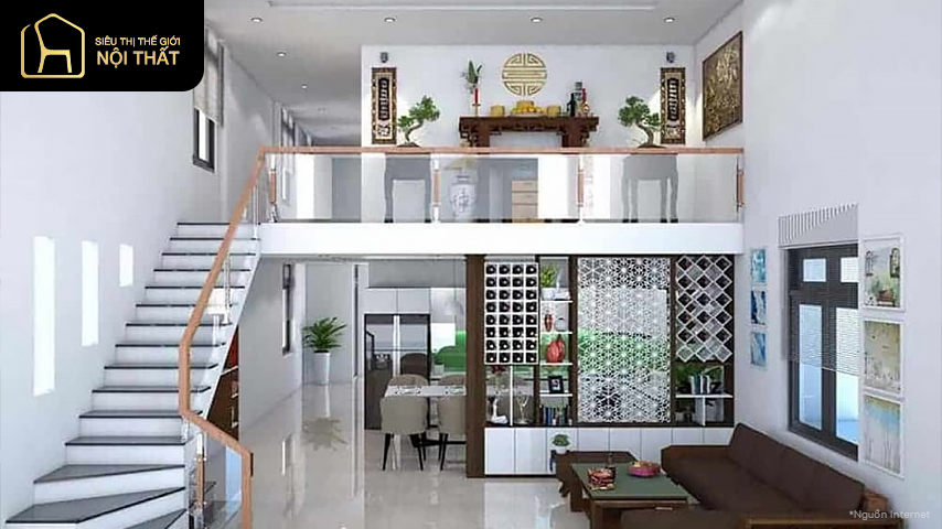 Bố trí phòng thờ cho phòng khách nhà phố có gác lửng