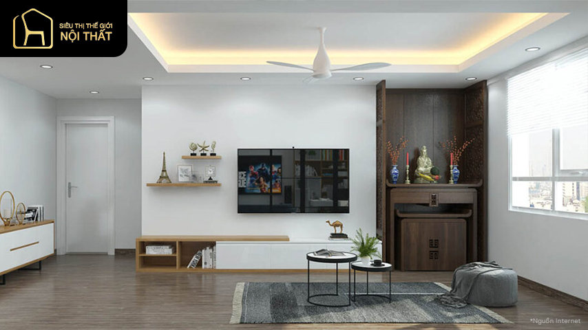 Bàn thờ đặt ở phòng khách với tông màu gỗ sáng