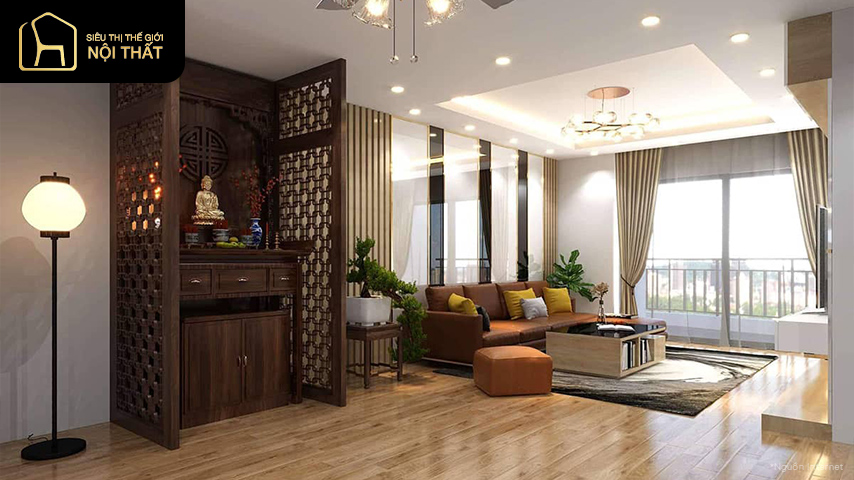 Bàn thờ được đặt ở phía bên phải phòng khách
