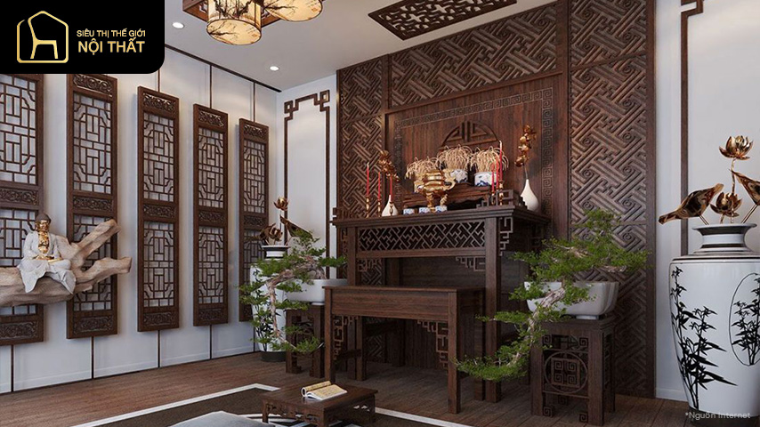 Bàn thờ được bố trí ở khu vực riêng tư của phòng khách