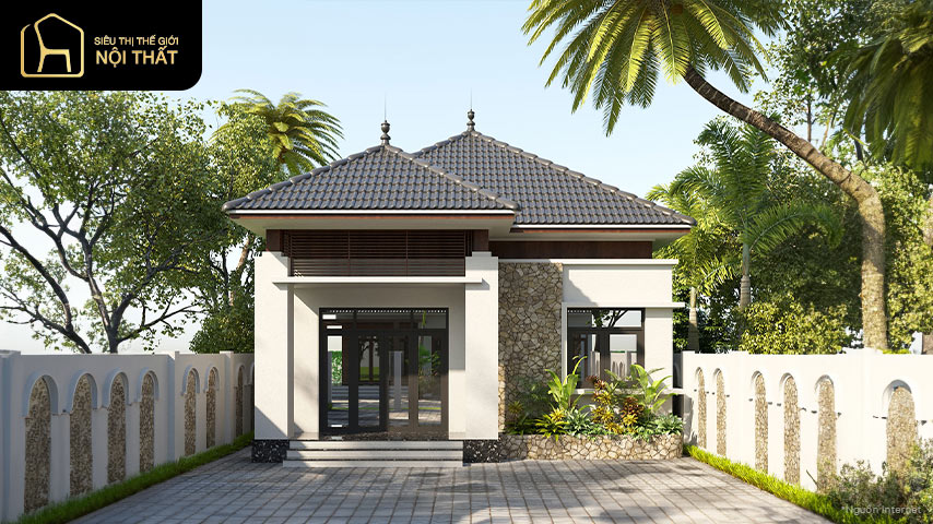 Khoảng sân rộng trước nhà được dùng làm bãi đậu xe ô tô và khu sinh hoạt ngoài trời cho gia đình