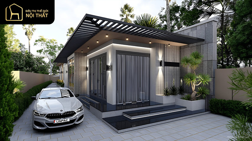 Ngôi nhà cấp 4 được thiết kế sân rộng, kết hợp cửa kính tạo không gian thông thoáng