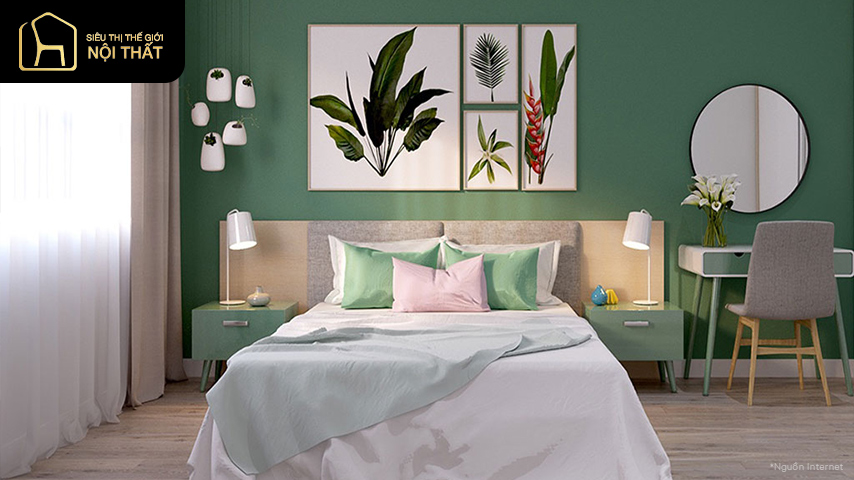 Mẫu phòng ngủ đẹp cho nữ màu xanh rêu