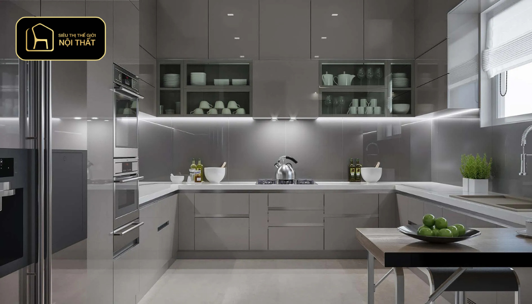 Mẫu tủ bếp MDF phủ Acrylic bóng gương