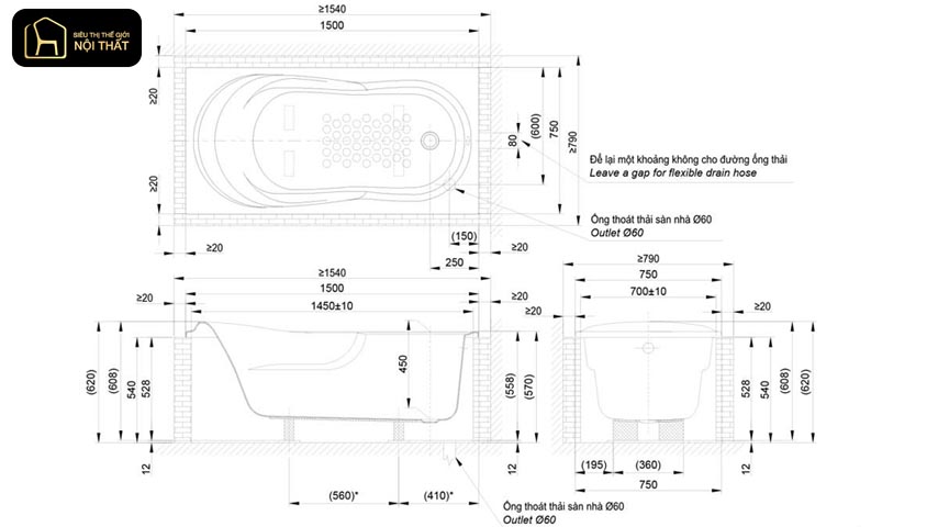 Kích thước bồn tắm massage