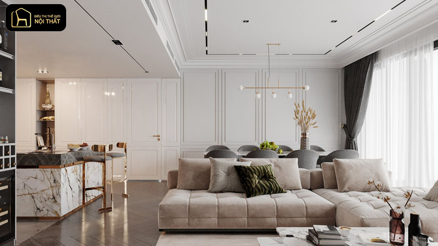 thiết kế phòng khách liền bếp